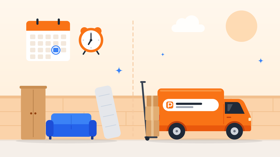 Drawing of a wardrobe, a sofa and a mattress by a wall, a calendar and an alarm clock at seven, and an orange van with boxes on a hand truck