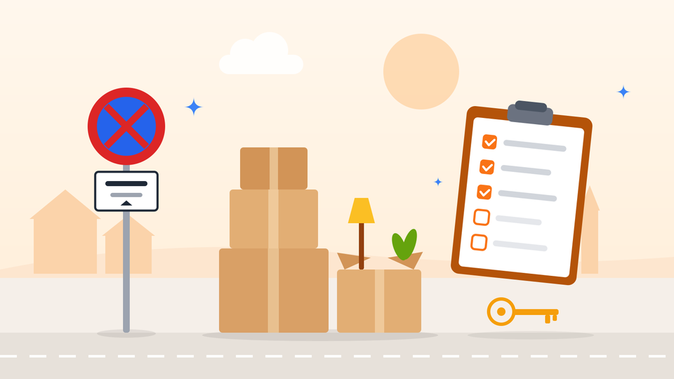 Drawing of a no-stopping sign by the street, a stack of moving boxes with a lamp and a plant, a checklist with three items ticked and a key
