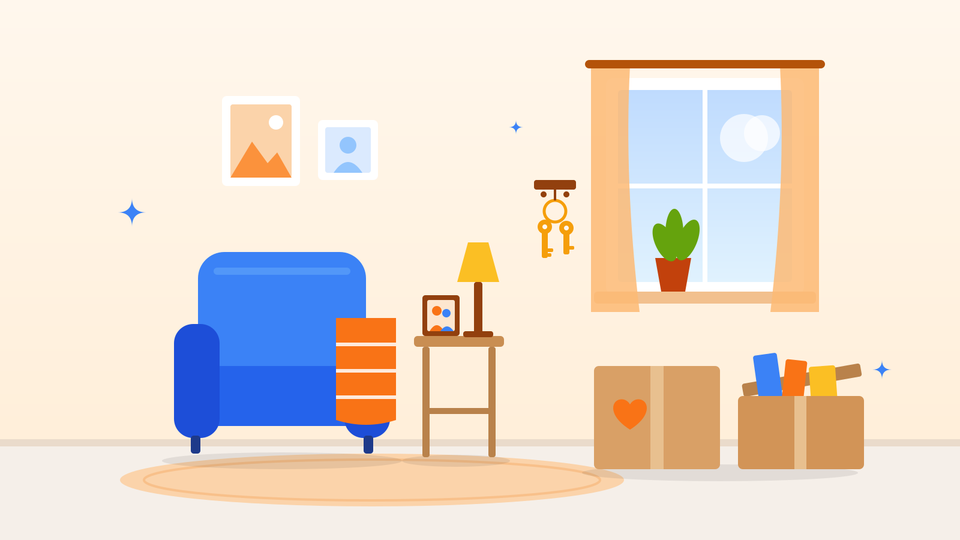 Drawing of a living room with a blue armchair, a lamp on a side table, family pictures, keys on a hook and two moving boxes, one with a heart