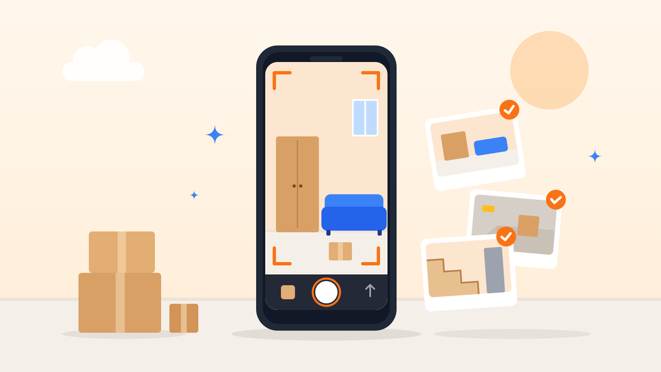 Drawing of a phone taking a photo of a room with a wardrobe and a sofa, next to three checked photos